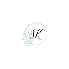 Initial letter SK handwriting with floral frame template	