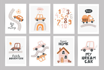 Set of boho posters with cute nursery cars.