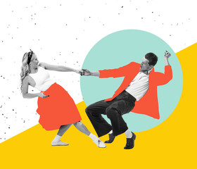 Young happy dancing man and woman in bright retro 70s, 80s style outfits dancing over colored background with drawings. Contemporary art collage.