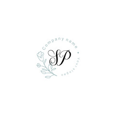 Initial letter SP handwriting with floral frame template	