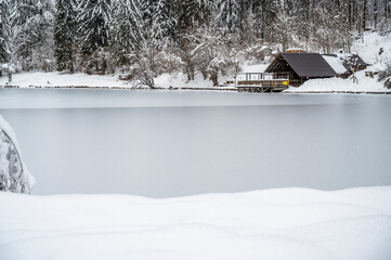 Snow winter in Fusine. Magic of the lower lake.