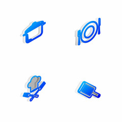 Set Isometric line Plate, fork and knife, Cooking pot, Chef hat and Grater icon. Vector
