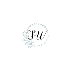 Initial letter SW handwriting with floral frame template	