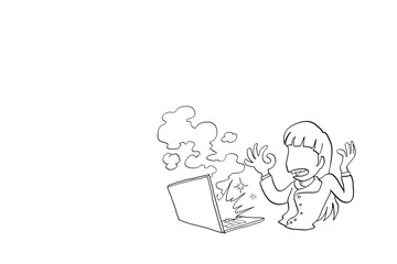 Businesswoman shocked because her laptop explode. Overwork concept. Cartoon vector illustration design