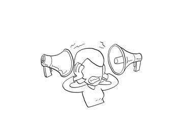 Stress business woman stressed because of noise. Stress at work concept. Cartoon vector illustration design