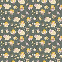 Seamless pattern with angels, harps and flowers. Design for fabric, textile, wallpaper, packaging.	