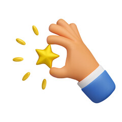 3d hand hold star icon. Vector gold positive customer rate illustration isolated on white background. Online review concept - 513902964