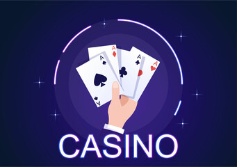 Casino Cartoon Illustration with Buttons, Slot Machine, Roulette, Poker Chips and Playing Cards for Gambling Style Design