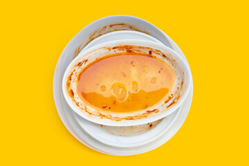Dirty dish on yellow background. Top view
