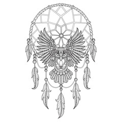 Fototapeta premium Owl and Dream catcher hand drawn for adult coloring book