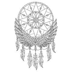 Wings and Dream catcher hand drawn for adult coloring book