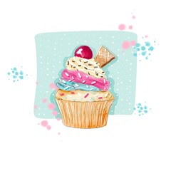 Colorful cupcake with a topping and cherry on top in digital watercolors