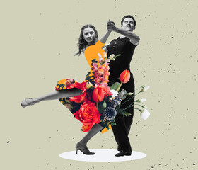 Flower dance. Young dance ballroom couple dancing on light background. Contemporaryart collage. Flower, music, art, emotions concept