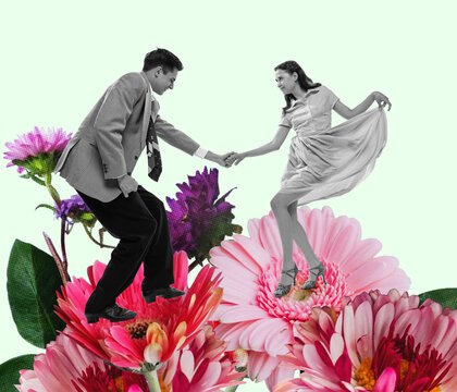 Young happy dancing man and woman in bright retro 70s, 80s style outfits dancing over colored floral background. Contemporary art collage.