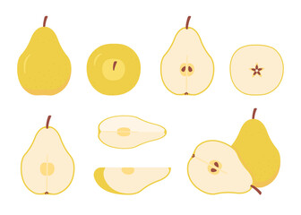 Yellow pear food whole, cut half, piece, part and slice chopped of fruit. Harvest ripe fruit. Popular healthy garden food pear. Vector flat illustration