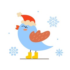 Cute Winter Bird. Birdie in a Christmas hat isolated on white background. Falling snowflakes. Flat Vector cartoon Illustration.
