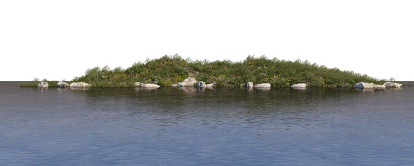 3d render island in the middle of the lake with a white background.