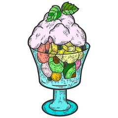 Sweet dessert with cream and fruit. Sketch scratch board imitation. Color vector.