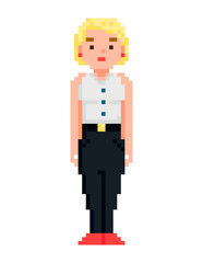 Pixel character vector, isolated woman wearing blouse. Blone character for video game.