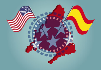 Cumbre en Madrid, banderas de EEUU y España sobre la silueta del mapa de Madrid y su bandera. Mesa redonda - obrazy, fototapety, plakaty