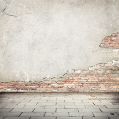 grunge background, red brick wall texture bright plastered wall and blocks road pavement abandoned...