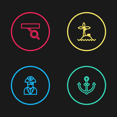 Set line Pirate captain, Anchor, Tropical island ocean and eye patch icon. Vector