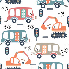 Seamless pattern with buses and excavators. Cute cartoon cars. Children's background.