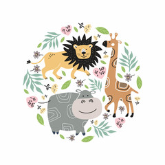 Round emblem with a giraffe lion hippo. Children s illustration.