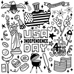 4th of July. Fourth of July doodle set , USA independence day celebration poster . Hand draw doodle background. Vector illustration