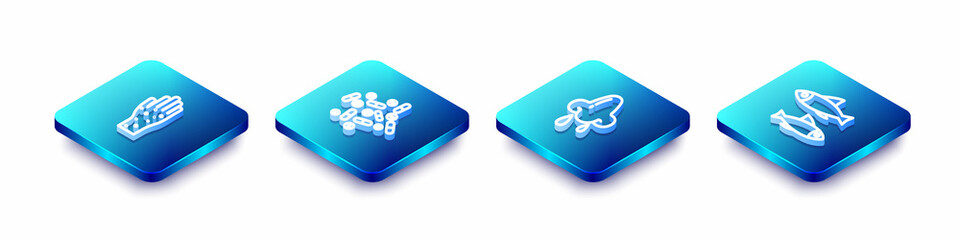 Fototapeta premium Set Isometric line Hand with psoriasis or eczema, Medicine pill tablet, Runny nose and Fish icon. Vector