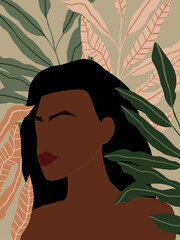 Beautiful Abstract Afro American Woman in Fashion Dress. Pastel Tropical leaves Background. Modern Minimalist glamour Female Portrait with nature jungle pattern. Vector illustration