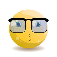 Emoji emoticon round with a kiss, square blue sunglasses with black frame.