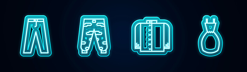 Set line Pants, Camouflage cargo pants, T-shirt and Woman dress. Glowing neon icon. Vector