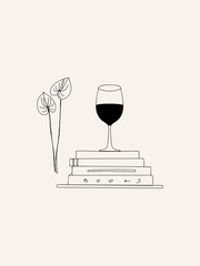 Line Art Wine Glass full of wine, Books and Growing Flower.Minimal Fashion Trendy Outline Wine and Reading book composition for wall art, poster, print, t-shirt. Linear Style. Vector illustration