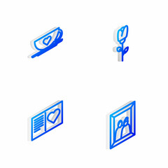 Set Isometric line Flower rose, Coffee cup and heart, Valentines day flyer with and Picture frame icon. Vector