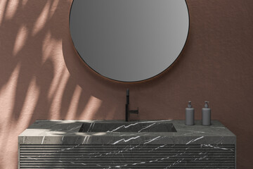 Close up of marble basin with oval mirror hanging in on brown wall, modern marble cabinet with black faucet in minimalist bathroom, front view. Mock up. 3d rendering

