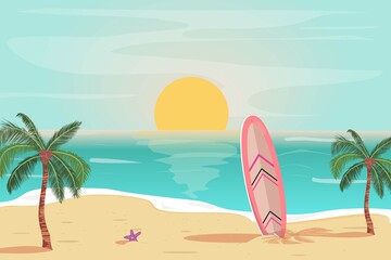 Fototapeta na wymiar Summer tropical sunset with beach for cards, banners, backgrounds. Travel, vacation concept illustration.