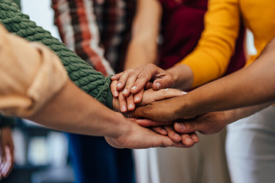 Close Up Of Hands, People Holding Hands Together, Finished A Meeting.