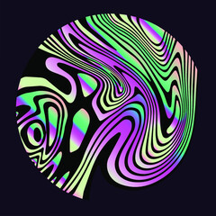 Holographic circle with glitched curves and wavy lines. Abstract geometric illustration for poster or logotype.