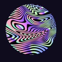 Holographic circle with glitched curves and wavy lines. Abstract geometric illustration for poster or logotype.