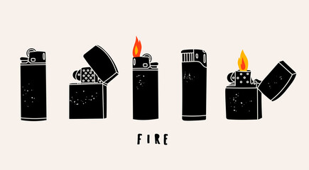 Set of various Lighters. Metal and plastic cigarette lighters. With and without fire or flame. Side view. Black smoking equipment. Hand drawn modern isolated Vector illustrations. Design templates - obrazy, fototapety, plakaty