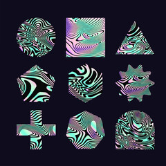 Set of holographic geometric shapes with glitched and distorted texture. Abstract design elements for poster, logotype, cover.