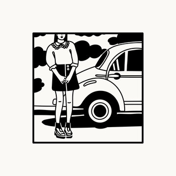 Young girl stands next to a retro car. Stylish woman wearing trendy fashion clothes. Black and white square Hand drawn modern Vector illustration. Poster, print, logo template 