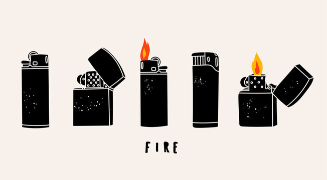 Set of various Lighters. Metal and plastic cigarette lighters. With and without fire or flame. Side view. Black smoking equipment. Hand drawn modern isolated Vector illustrations. Design templates