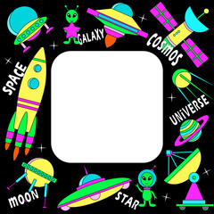 Vector frame on the theme of outer space. Cover, frame, photo frame, template, flyer, background.