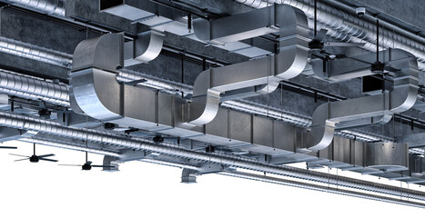 Air ventilation pipes system hanging from the ceiling inside commercial building. Ceiling mounted air condition units, hanging fans,vents, steel tubes, other industrial construction equipment parts 3D