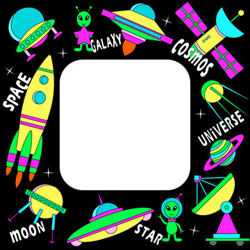 Vector frame on the theme of outer space. Cover, frame, photo frame, template, flyer, background.