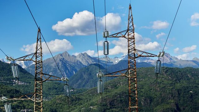 power lines in the alps, timelapse, italy