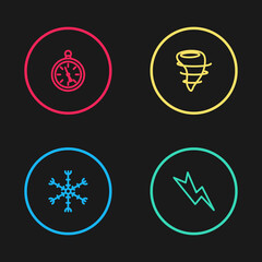 Set line Snowflake, Lightning bolt, Tornado and Compass icon. Vector