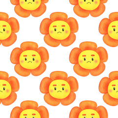 Seamless pattern with a bright cartoon flower. A sad orange flower with a negative emotion. funny summer background with a watercolor character in cartoon style.